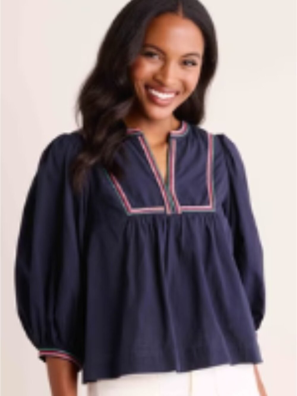 Avara Navy Blue Top with Embroidered Trim
